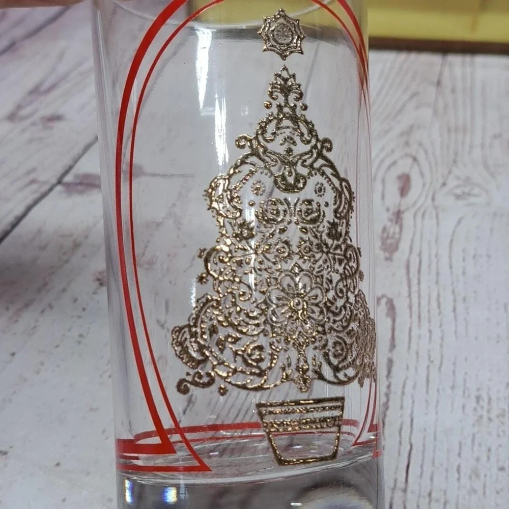 NOS Ohio China 22k Gold Christmas Tree Highball Glass Tumbler Set Of 4, Dusseau